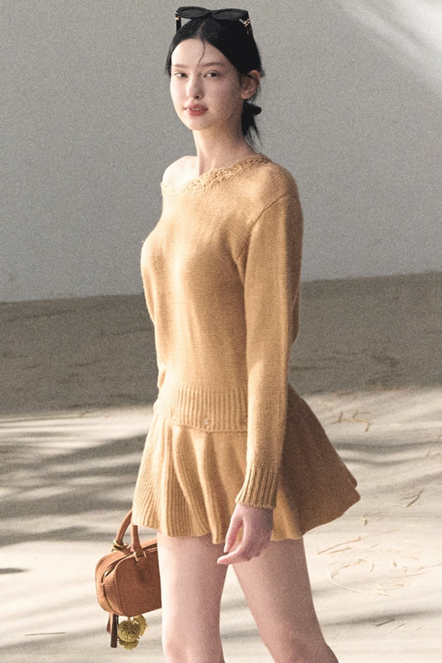 Coastal Notes Wool Off-Shoulder Dress