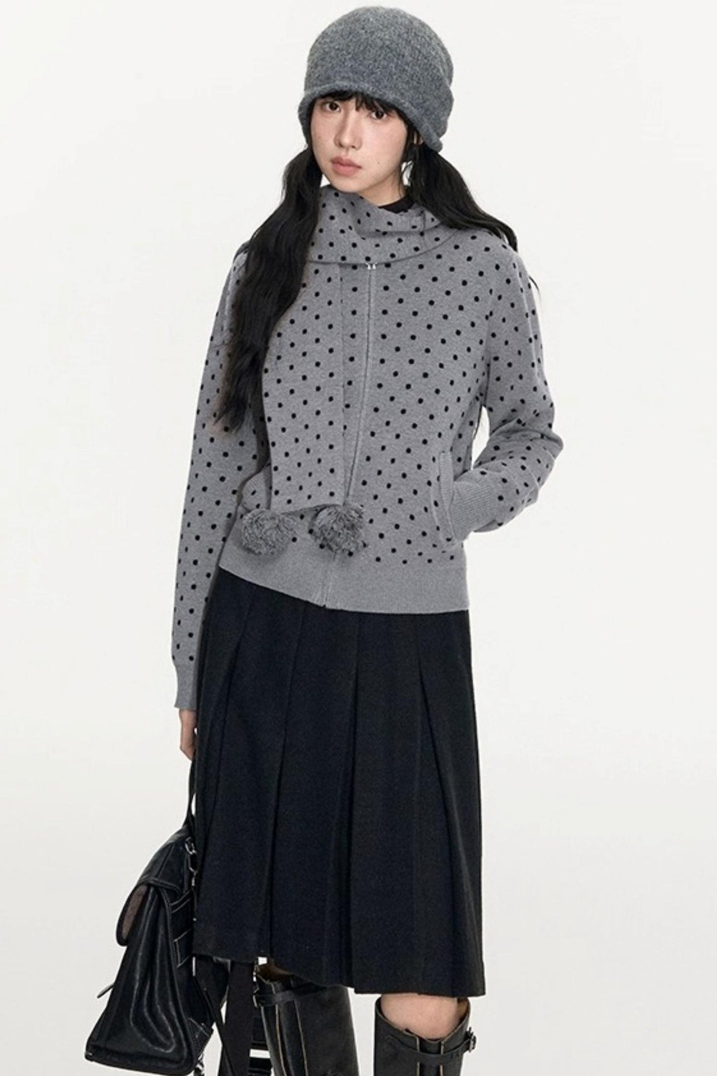 Polka Dot Hooded Knit Sweater Skirt Set-Up