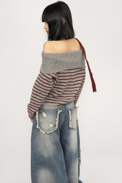Light Sweet Asian One-Shoulder Knitted Sweater