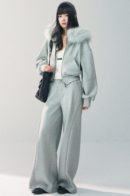 Detachable Fur Collar Sweatshirt Jacket Set-Up