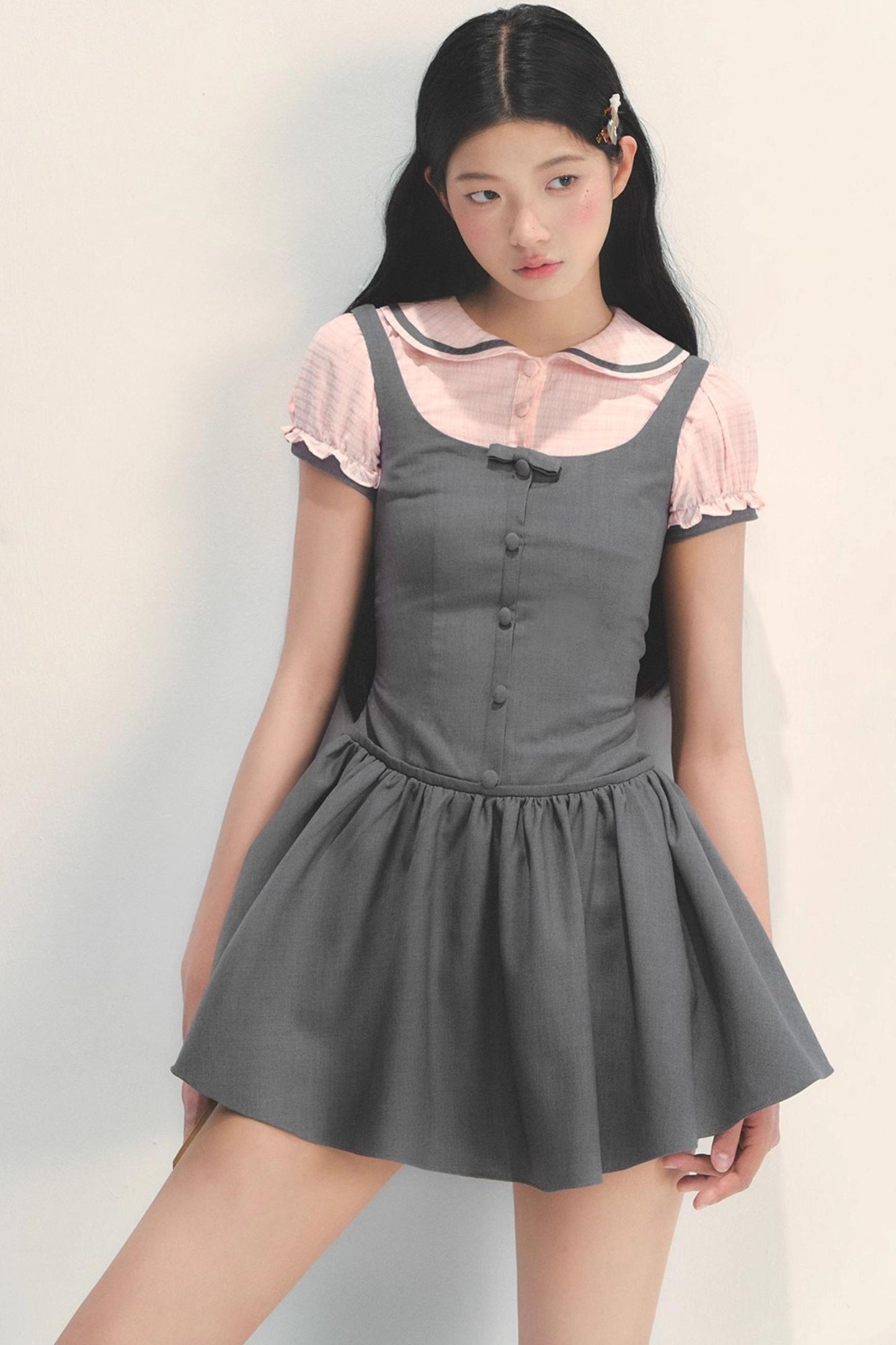 College Style Gray Pink Check Dress