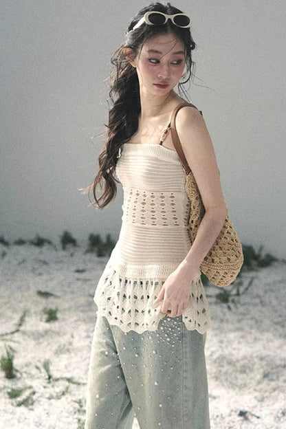 Französisches Strick-Hollow-Out-Unterhemd