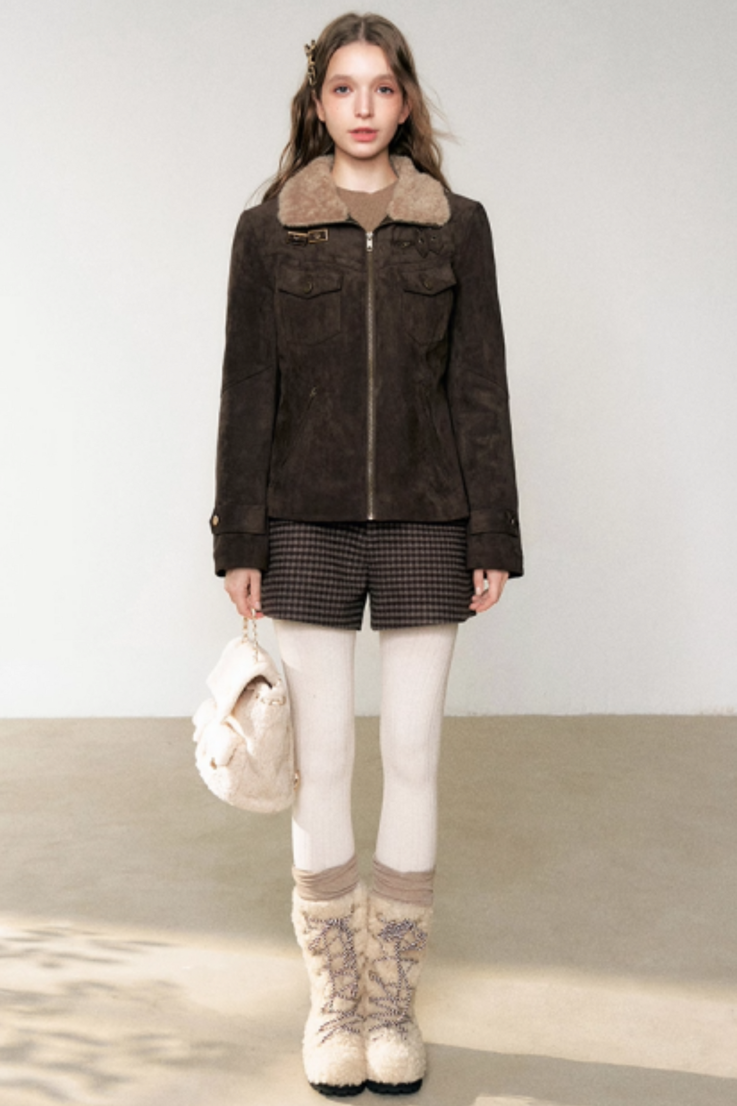 Coffee-Colored Fur Collar Coat
