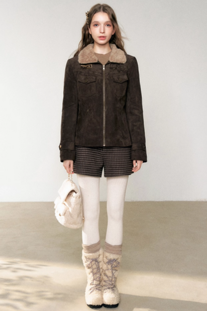 Coffee-Colored Fur Collar Coat