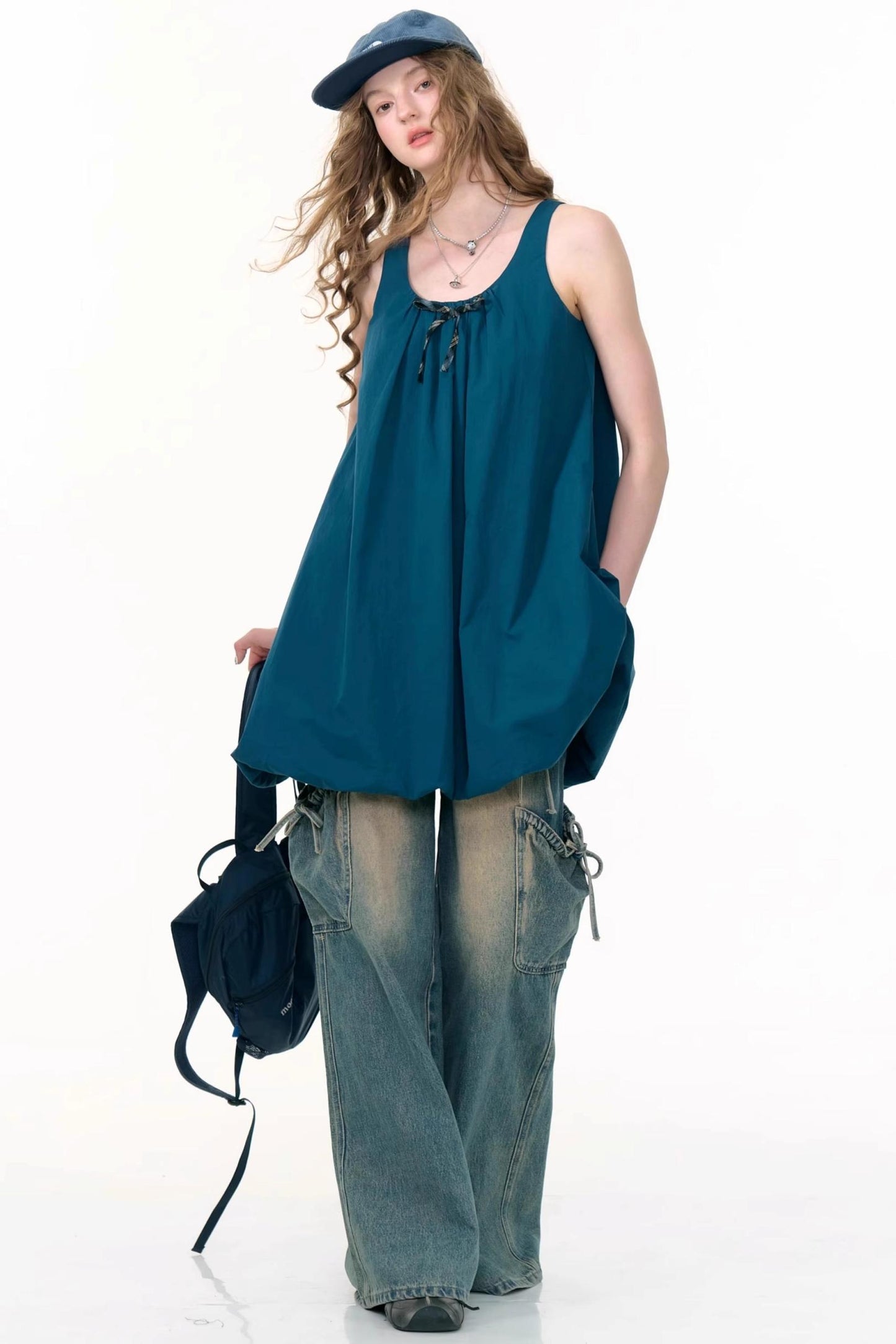 Summer Bow Dark Blue Sleeveless Dress