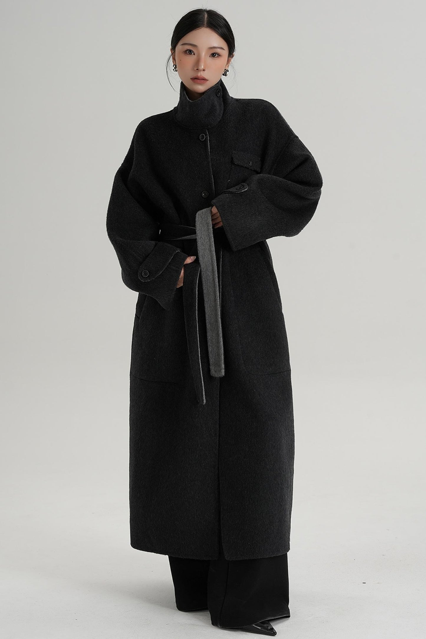 Temperament Design Color-Blocking Woolen Coat