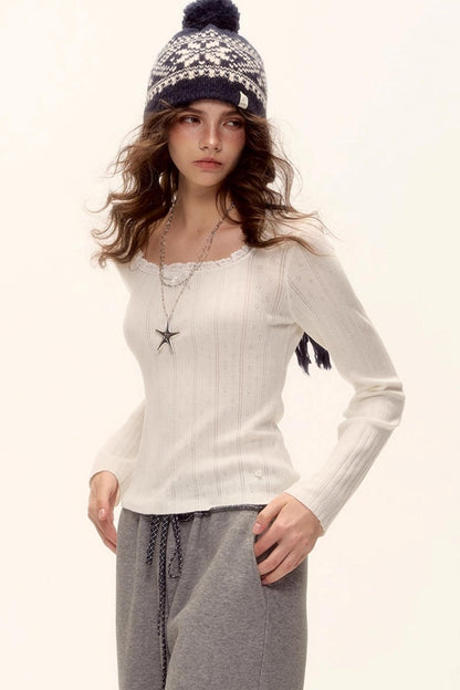 Lace-Trimmed Bow Hollow Knit Top