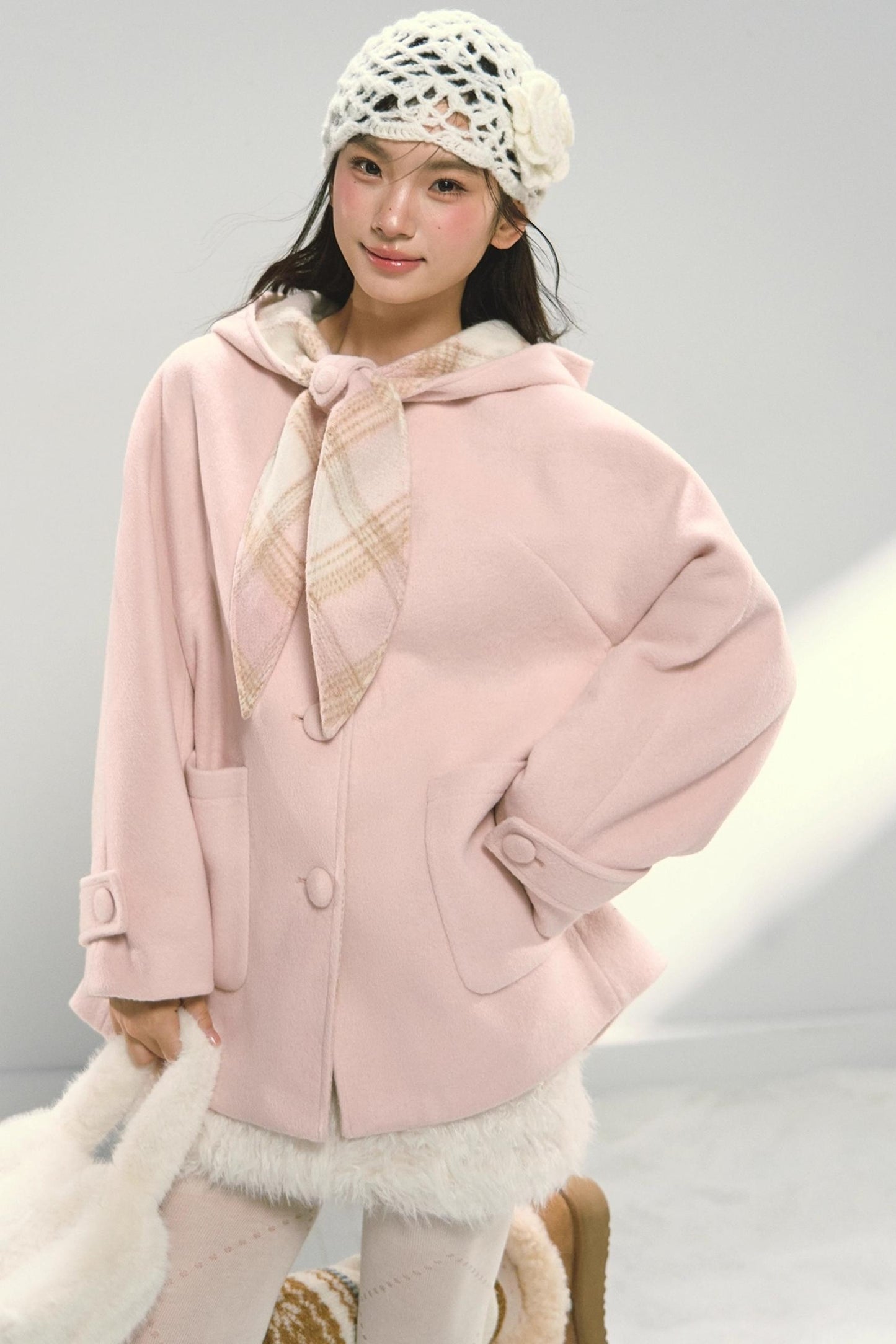Pink Plaid Hooded Woolen Coat