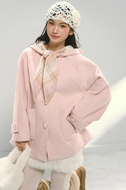 Pink Plaid Hooded Woolen Coat