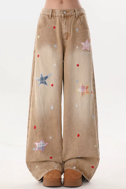 Star-Patterned Vintage Denim Pants