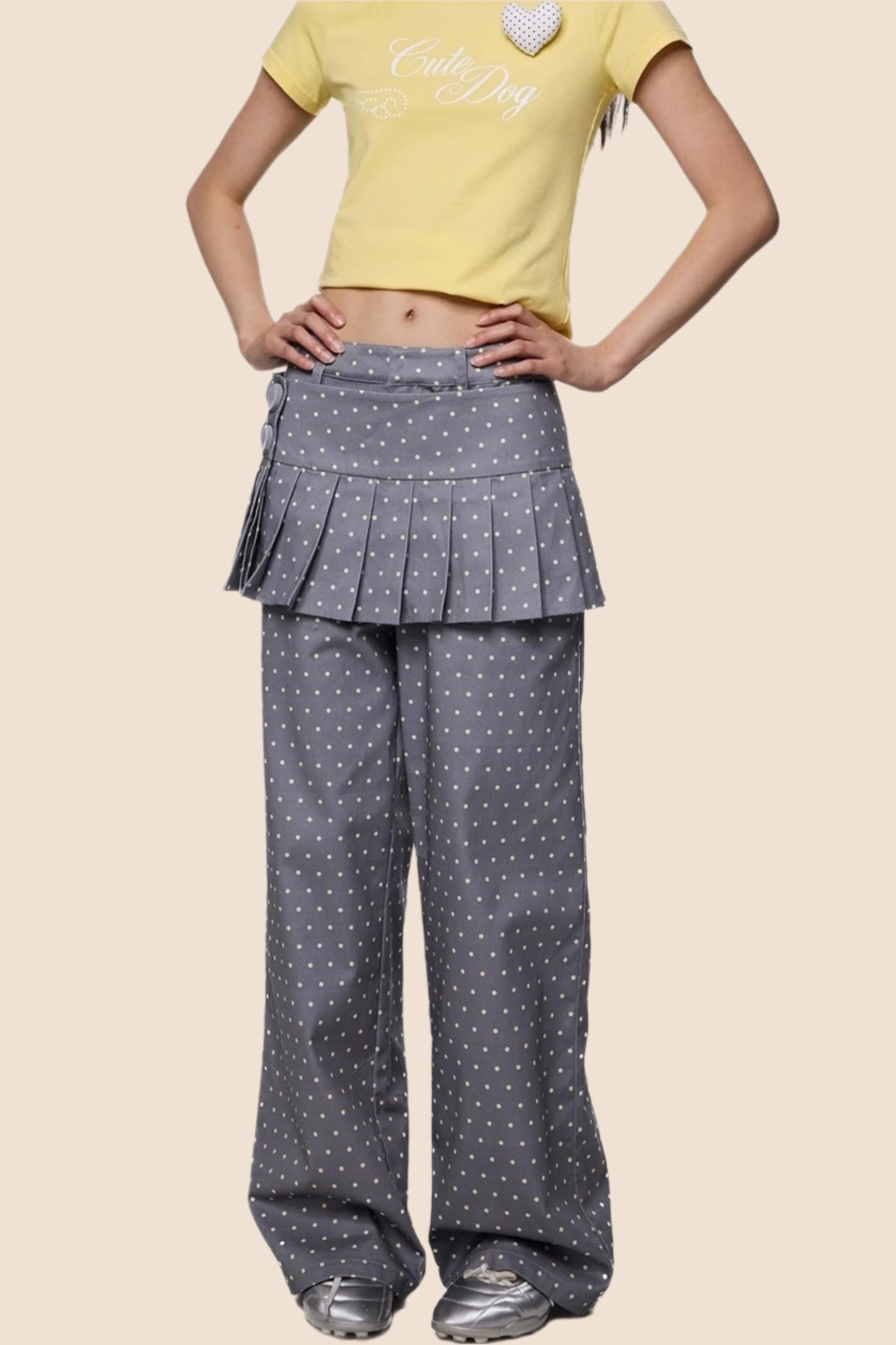Gray And Yellow Polka Dots Pleated Skirt-Pants Set