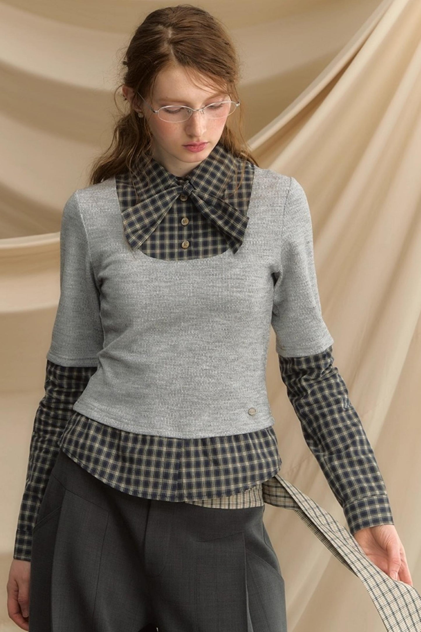 Bow Tie Plaid Slim Shirt