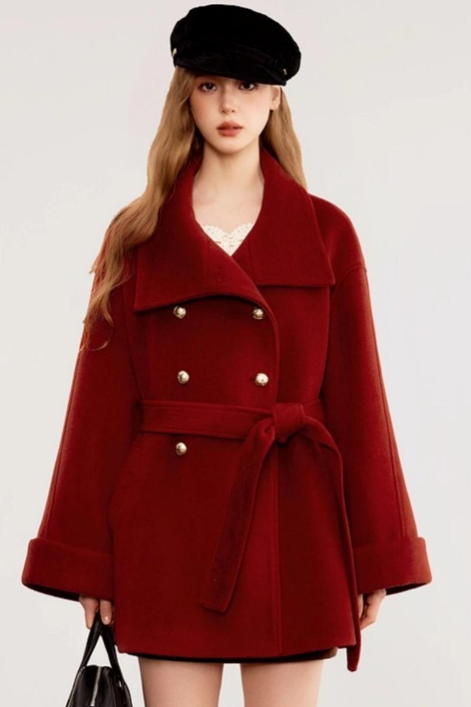 Red Woolen Waist-Cinching Coat