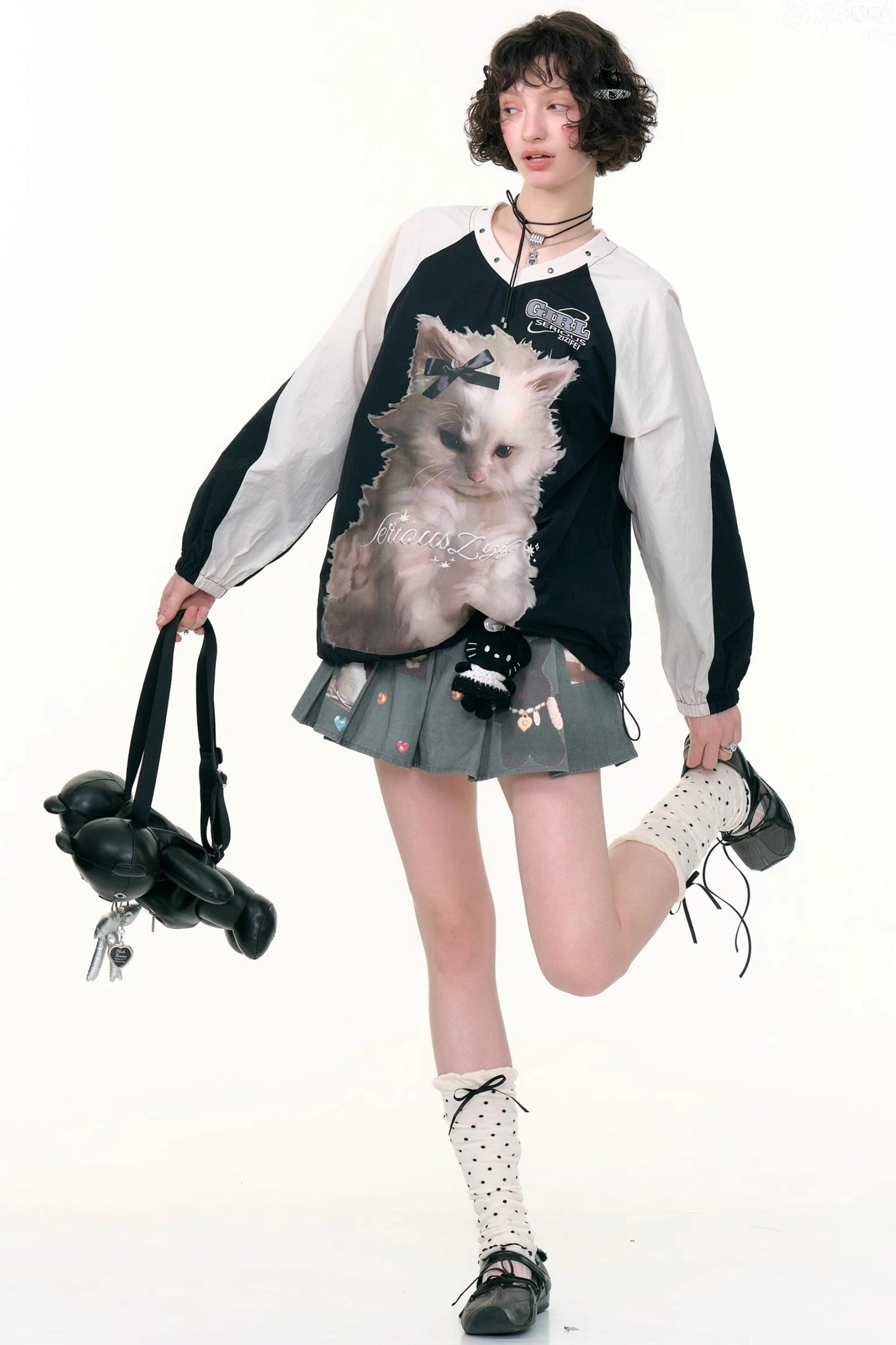 American Cat Print V-Neck Top