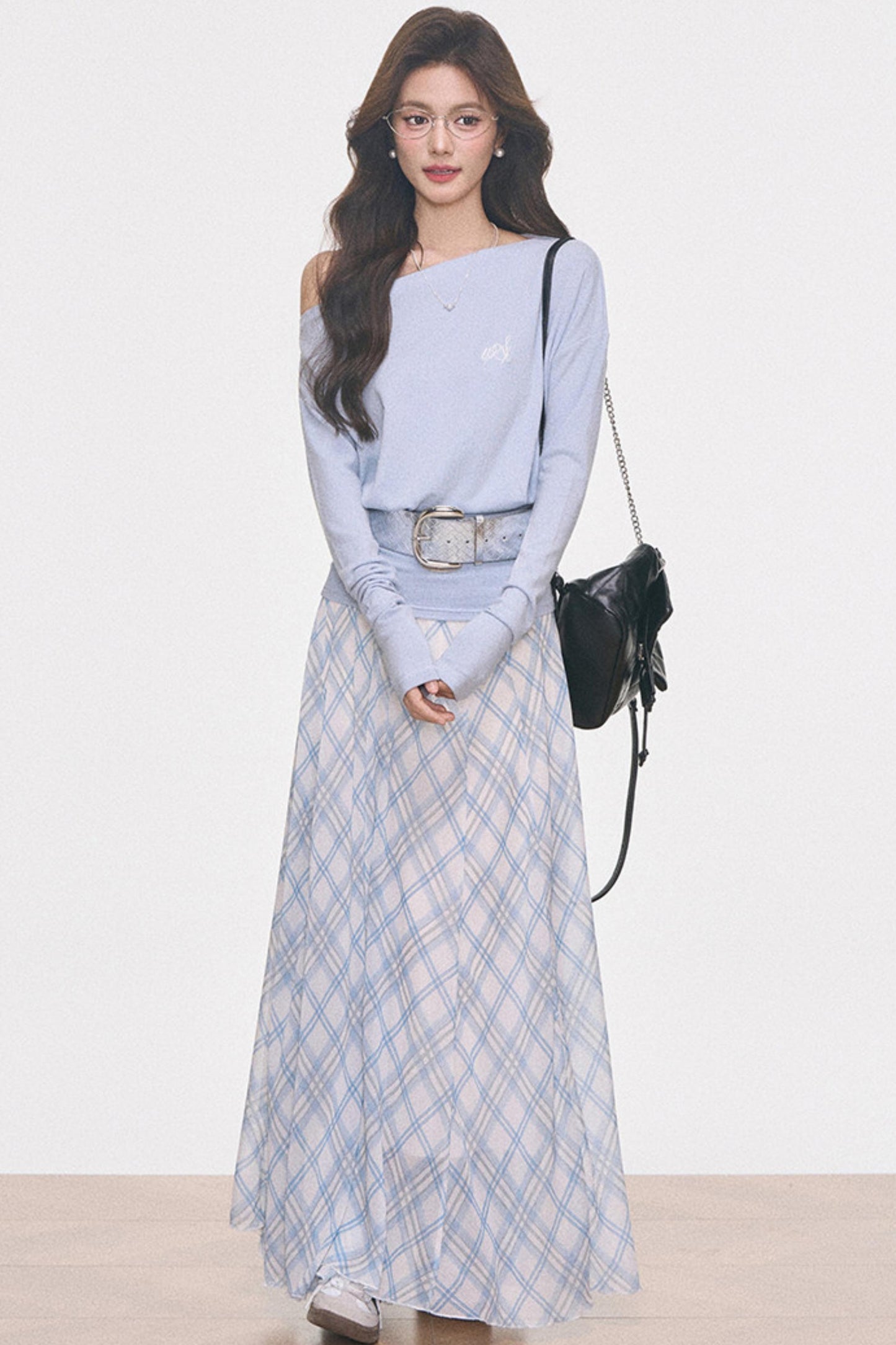 Knitted Off-Shoulder Top and Plaid Skirt Set-Up