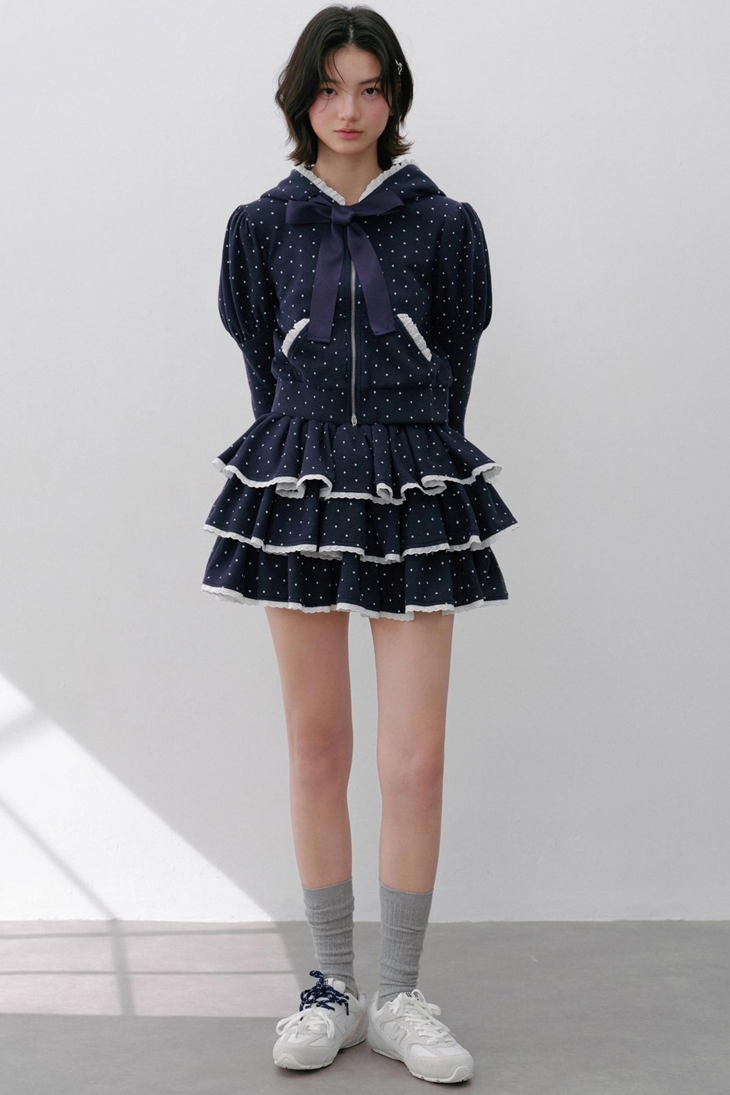 Hooded Polka Dot Tracksuit Skirt Set-Up