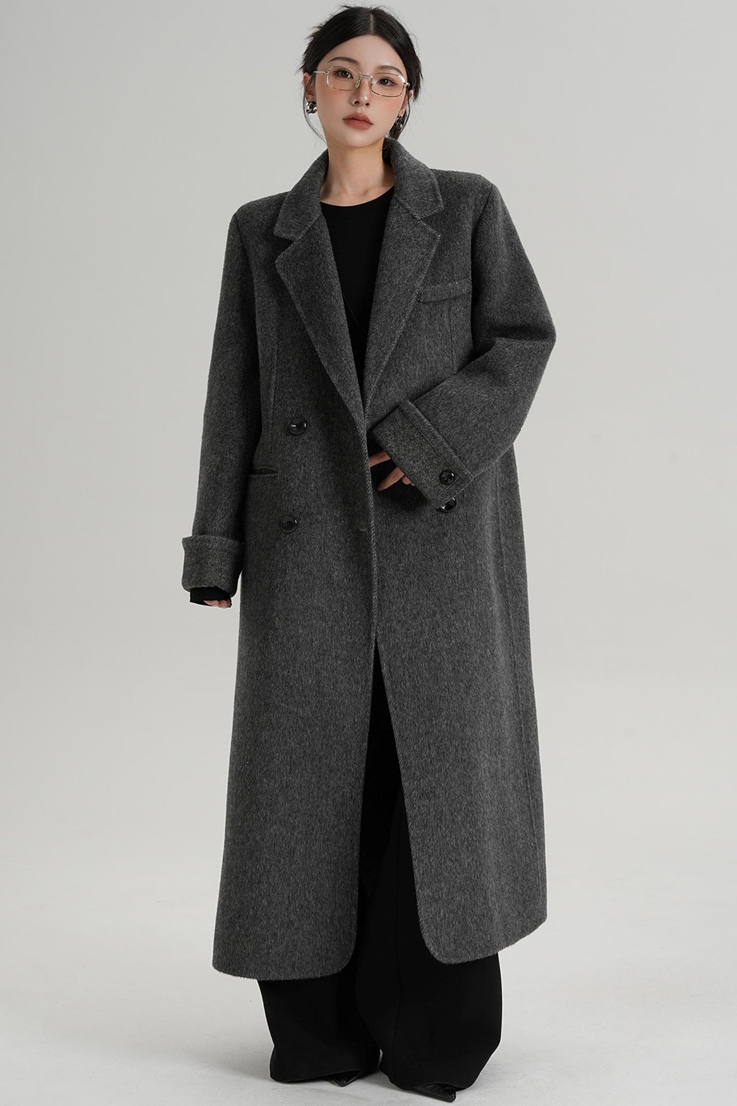 Turn-Sleeve Suit Collar Long Wool Coat