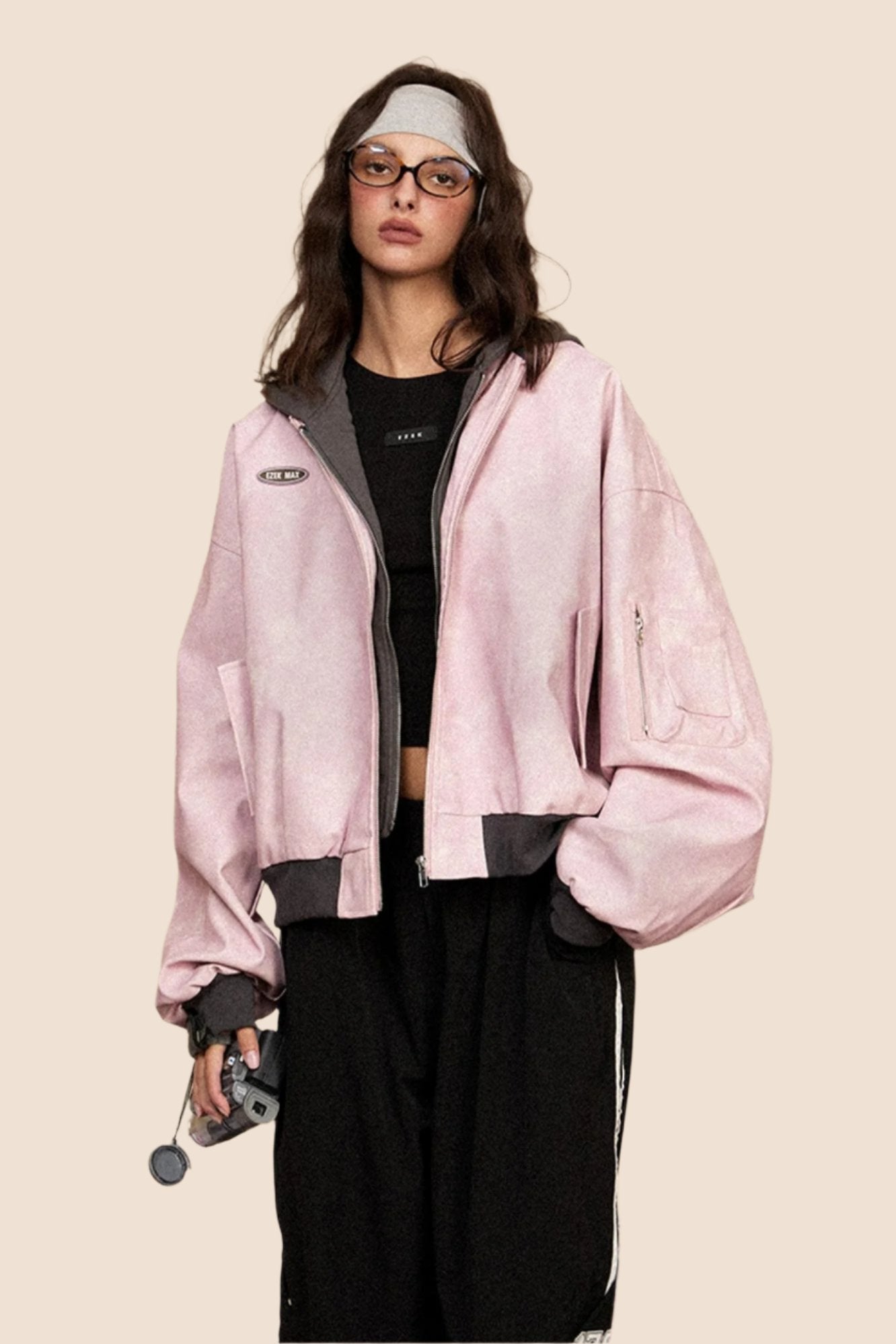 EZEK American Vintage Fake Two-Piece Patchwork Jacket Women's Fall/Winter New Loose Versatile Hooded Baseball Jersey Jacket