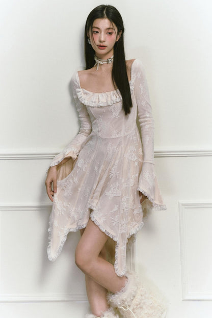 Square Neck Asymmetric Long Sleeve Dress