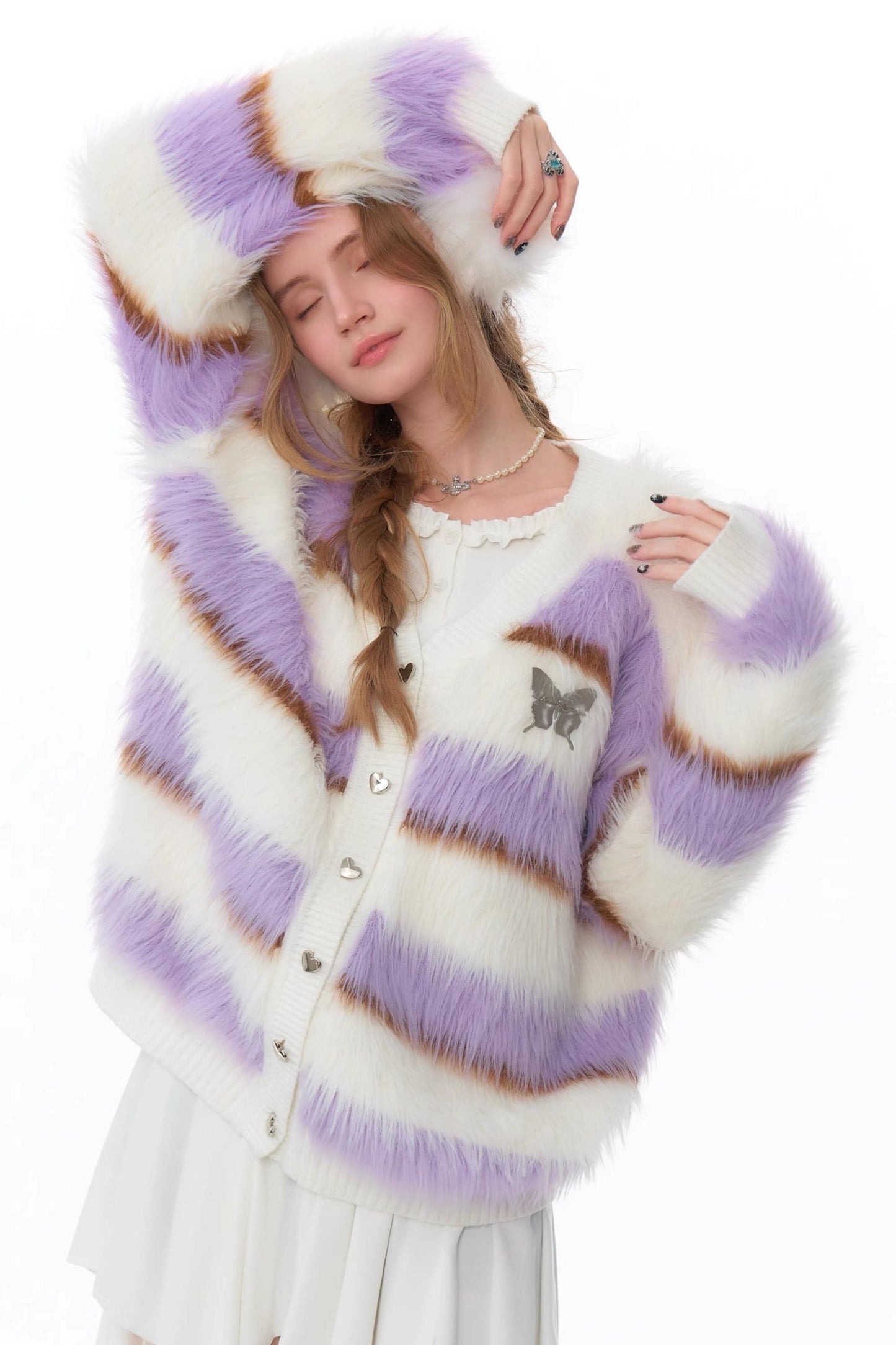 Purple and White Striped Knitted Cardigan