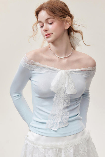 Light  Blue Lace One-Shoulder Top
