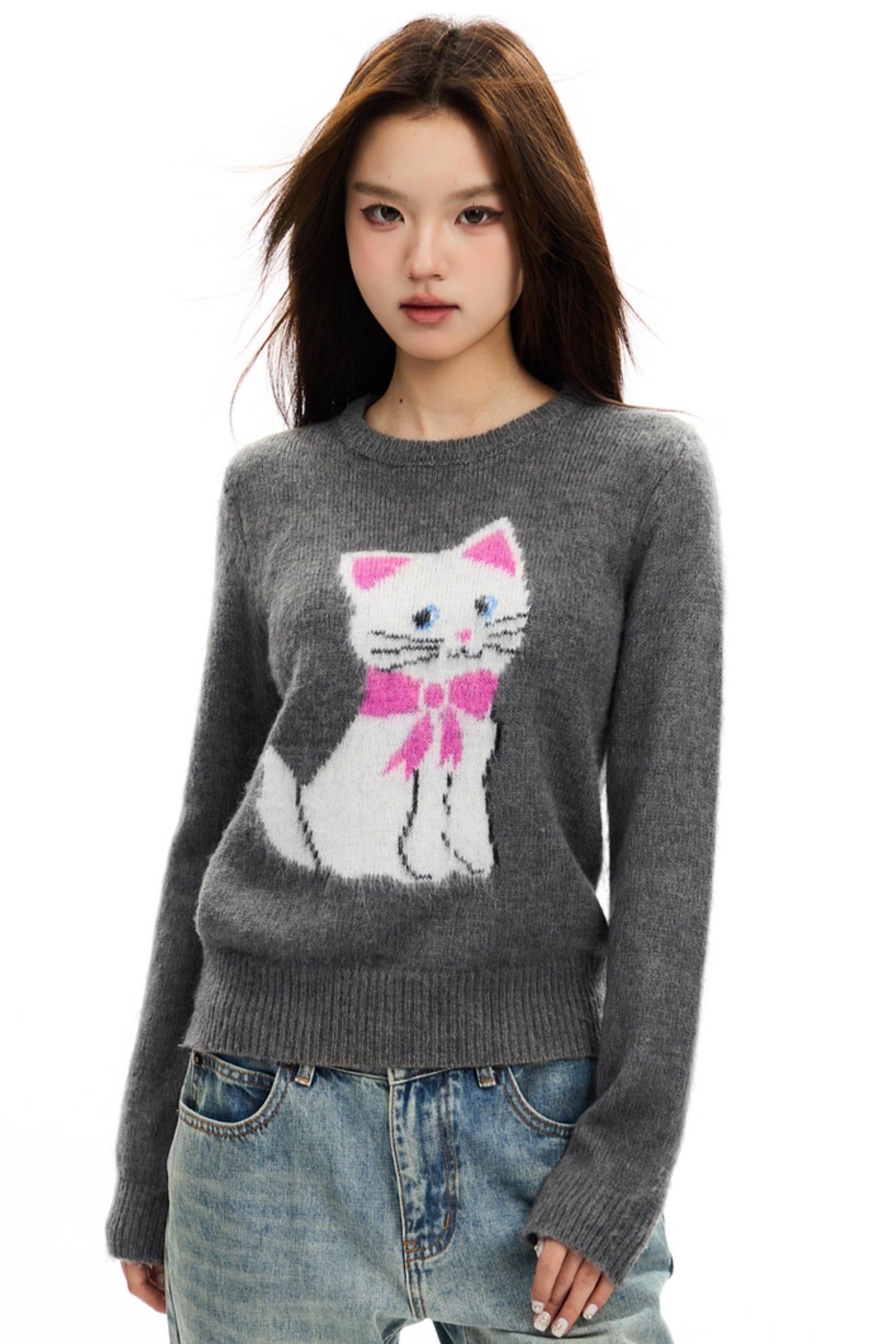 Intarsia Cat Mohair Knit Top