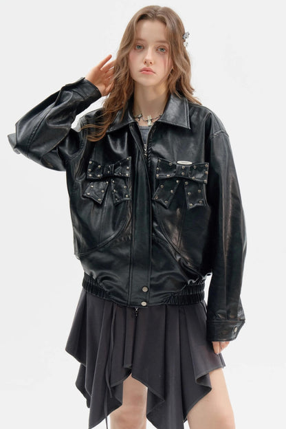 Premium Bow Black PU Leather Jacket