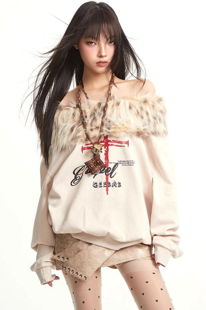 Vintage Apricot One-Shoulder Fur Collar Sweatshirt