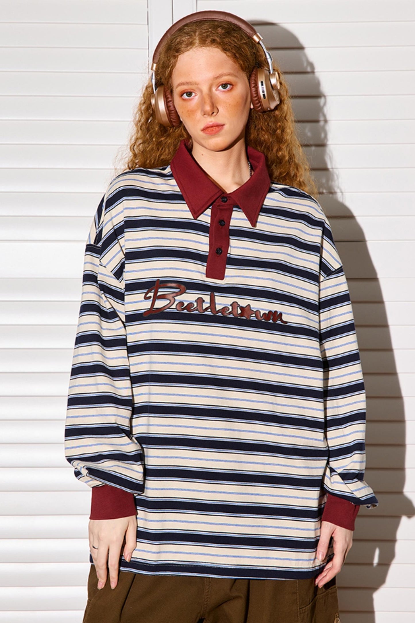 Loose Fit Striped Polo Neck Top