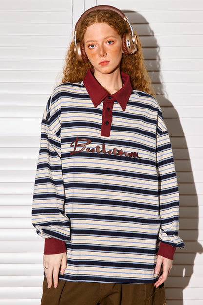 Loose Fit Striped Polo Neck Top