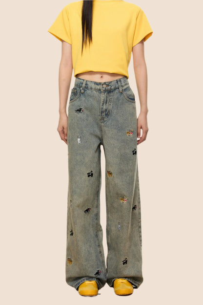 Vintage Embroidered Loose Fit Jeans