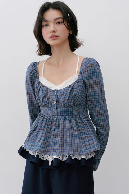 Vintage Check Square Neck Cinched Shirt