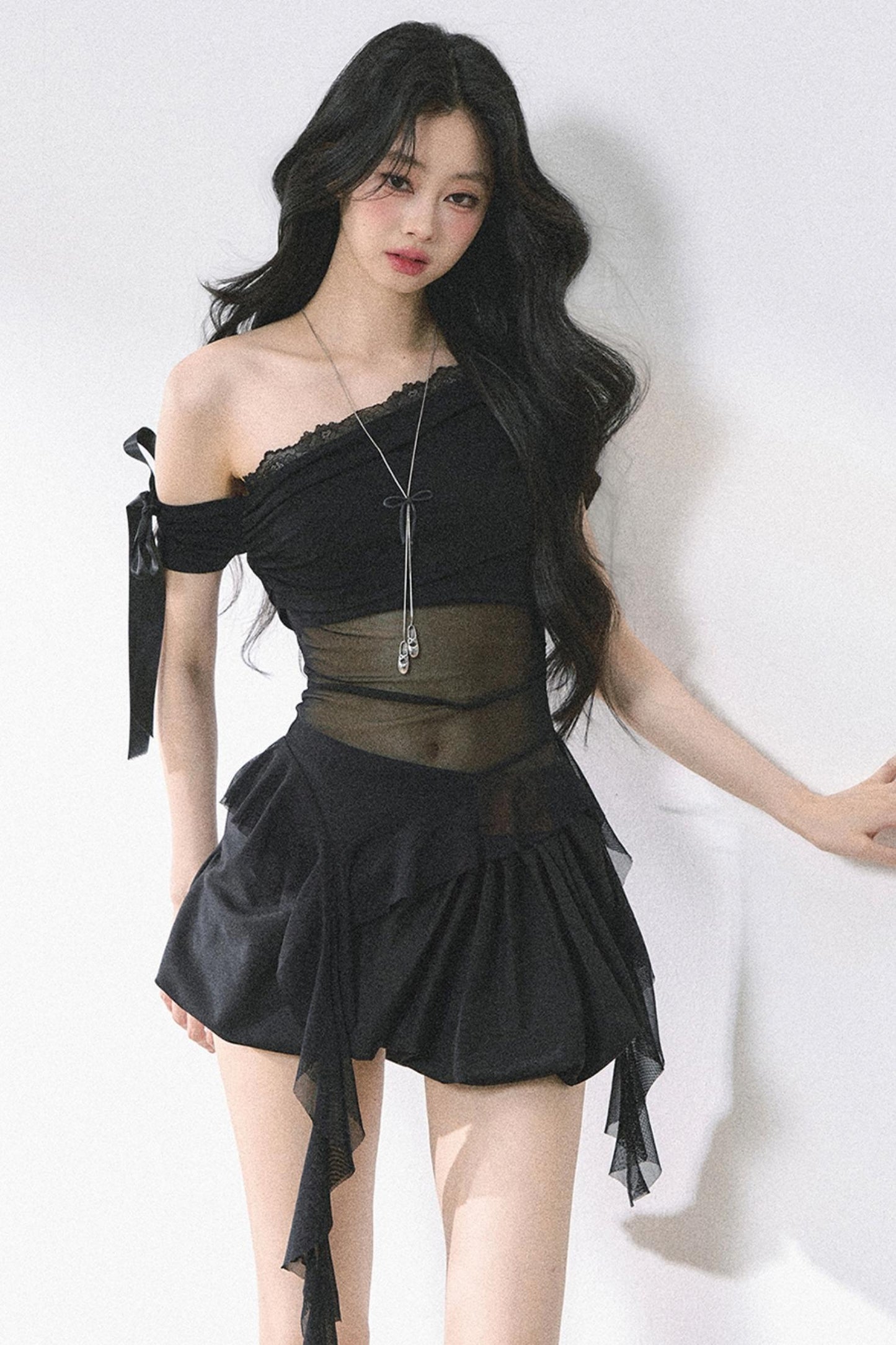 Sheer Mesh Off Shoulder T-Shirt