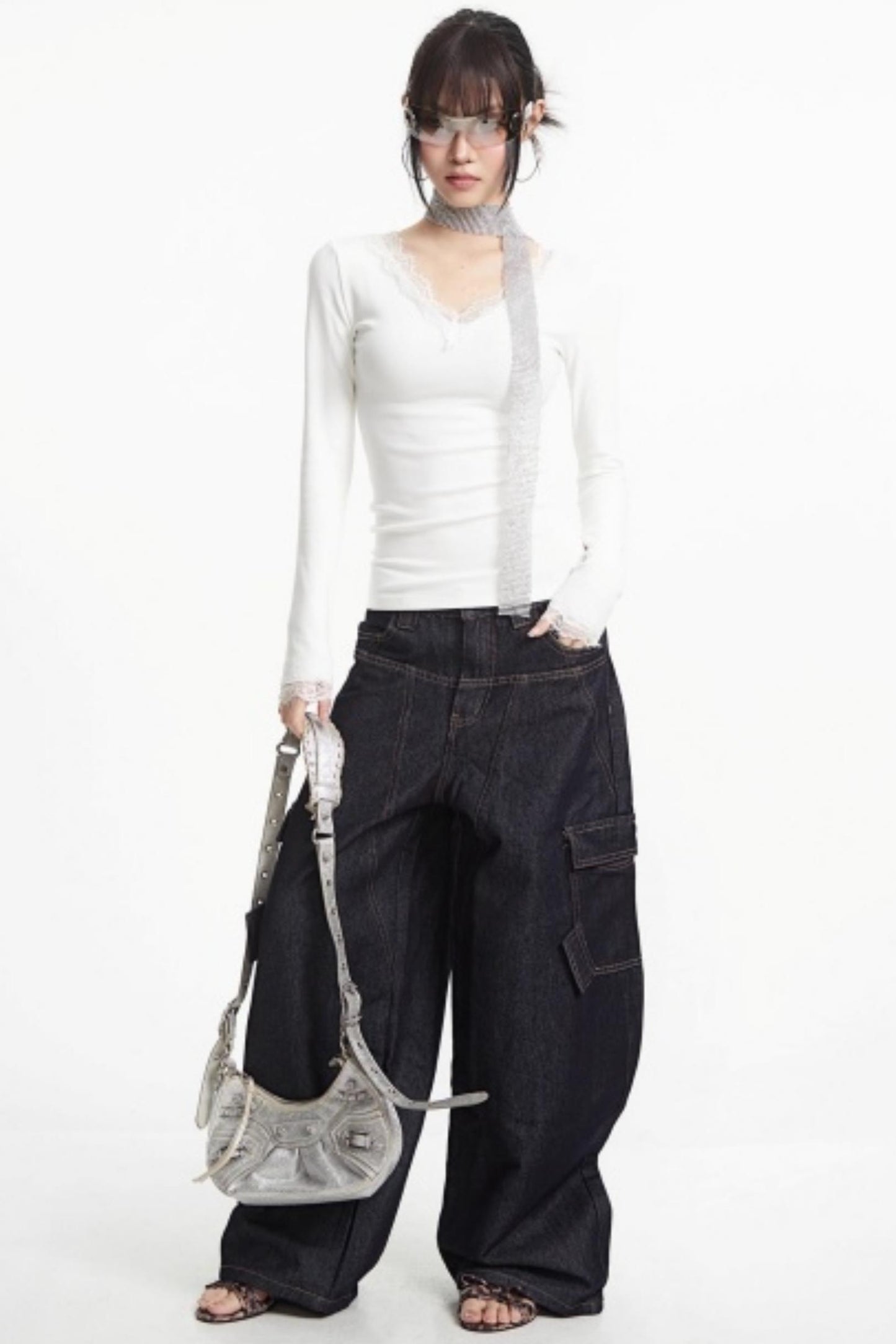 White Lace-Trimmed V-Neck Top