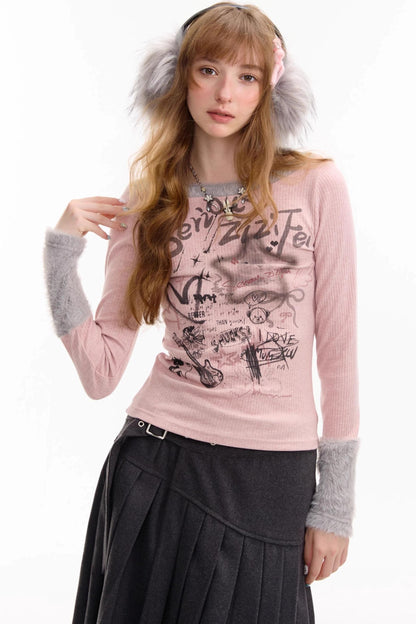 Patchwork Plush Crew Neck Knitted Base Shirt