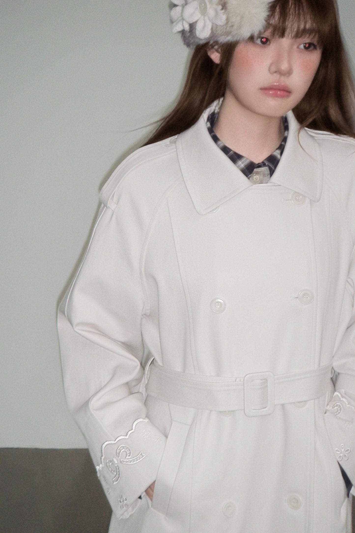 Creamy Hollow Flower Trench Coat