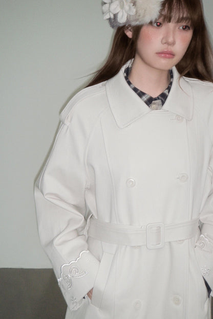 Creamy Hollow Flower Trench Coat