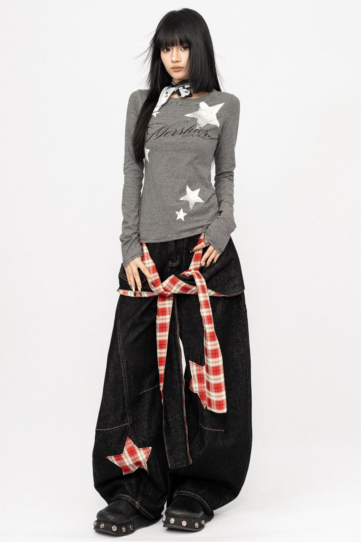 Vintage Spice Girl Plaid Stitched Wide-leg Pants