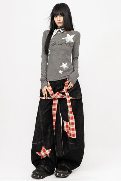 Vintage Spice Girl Plaid Stitched Wide-leg Pants