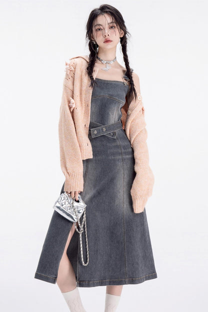 Robe à bretelles en denim lavé déchiré 