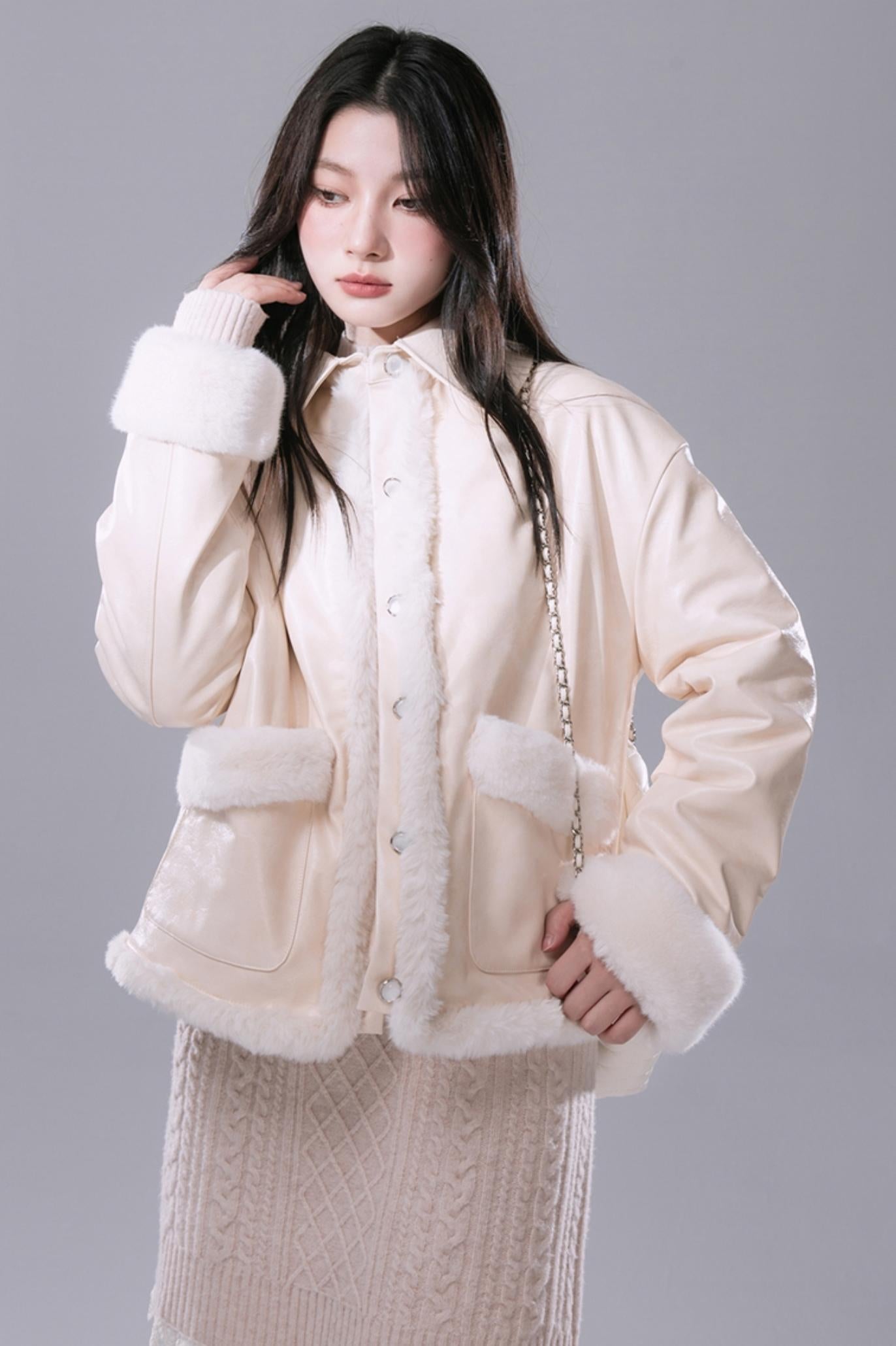 COTRE oak cream wool panelled leather coat