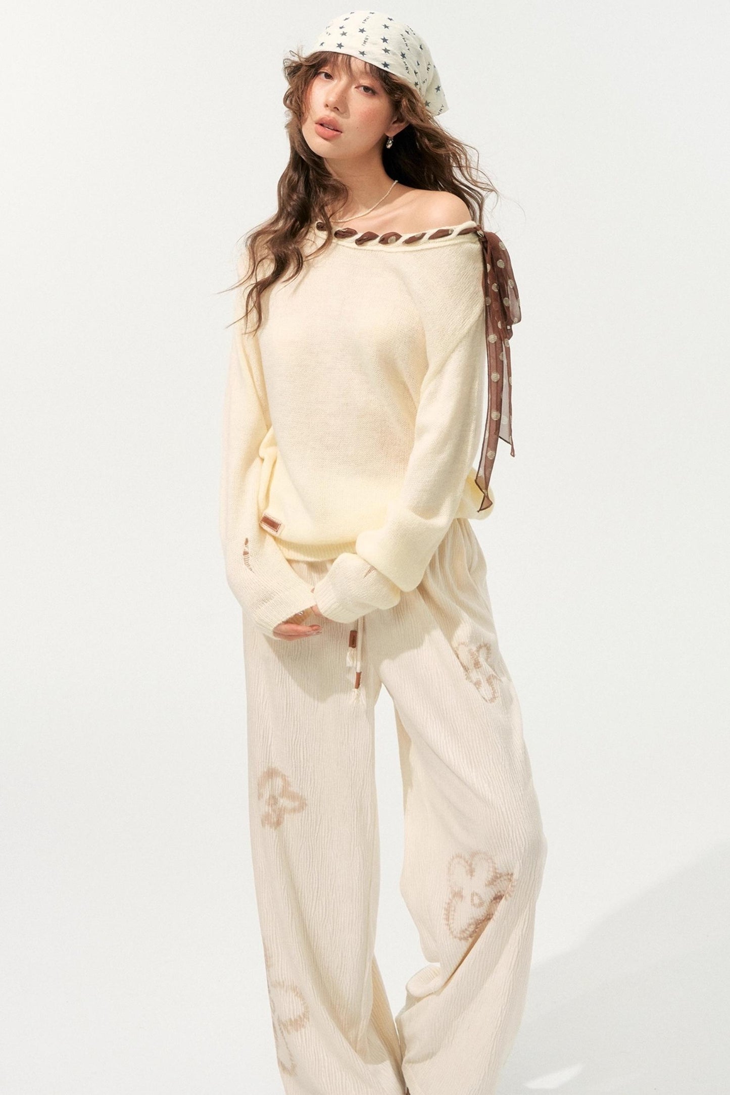 Floral Pleated Lace-Up Pants