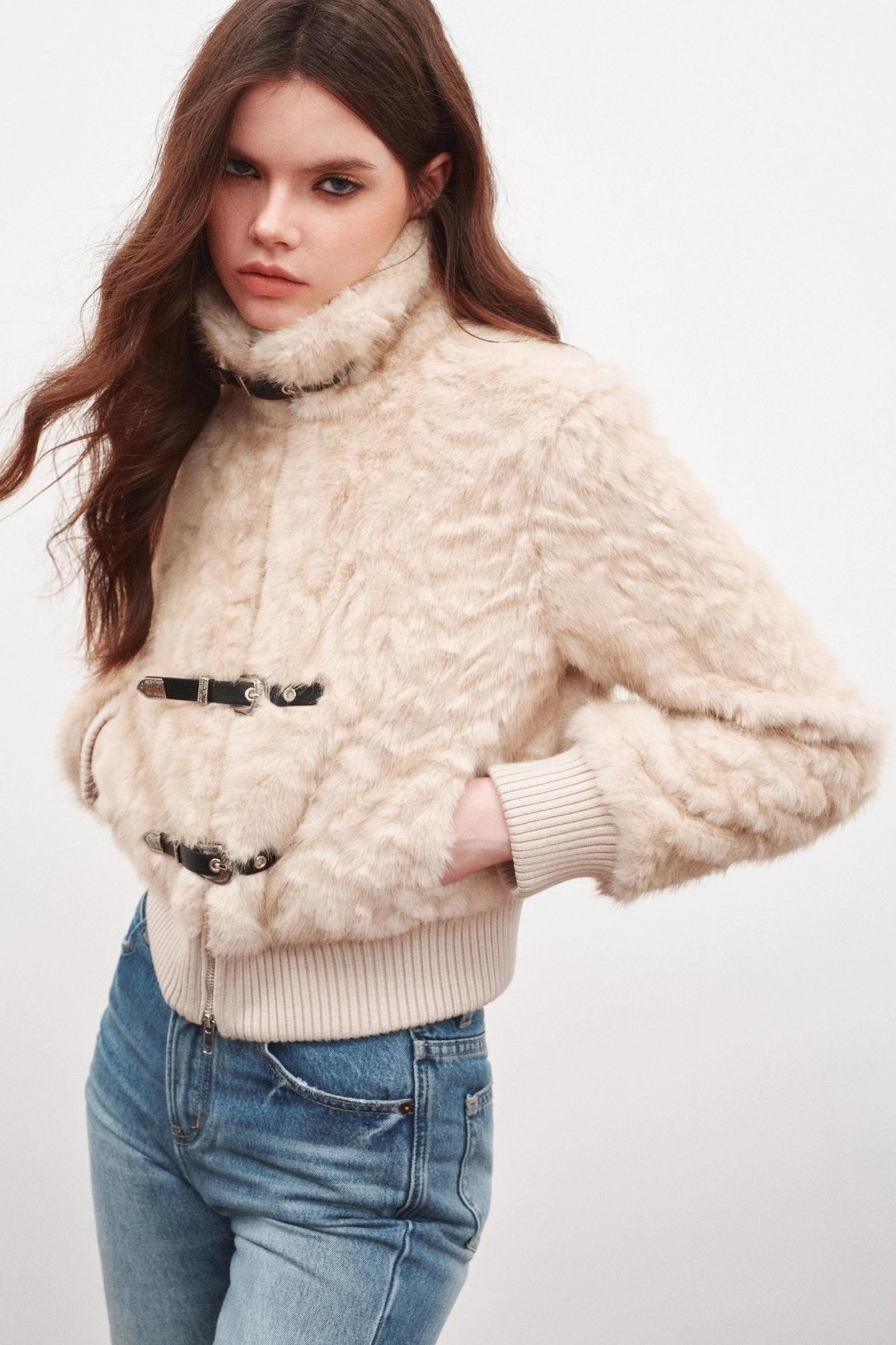 Leather Stand-Up Collar Woolen Short Jacket