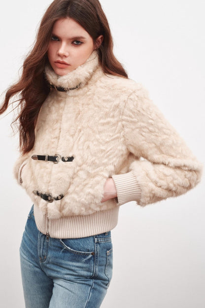 Leather Stand-Up Collar Woolen Short Jacket