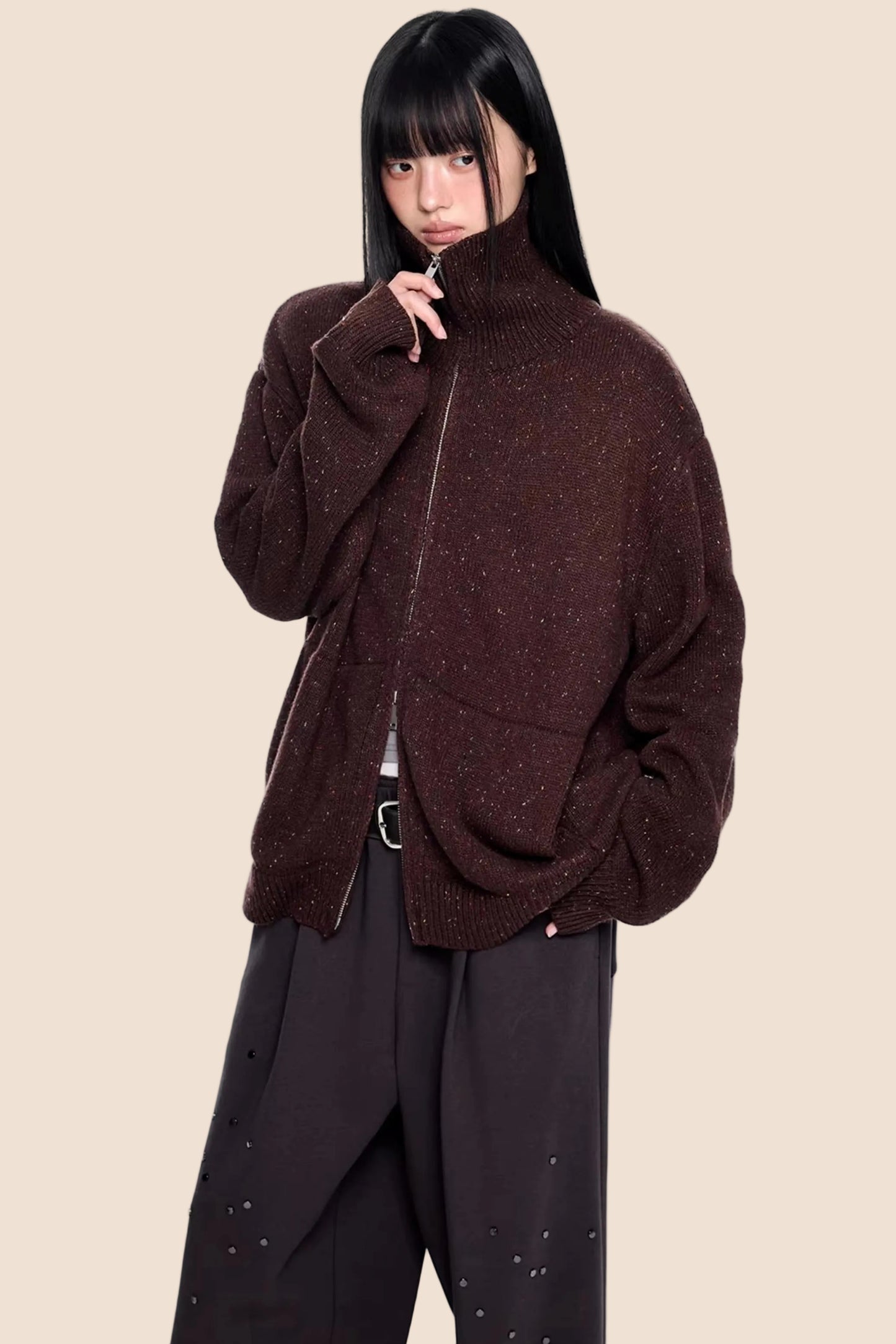 High-Neck Knitted Cardigan