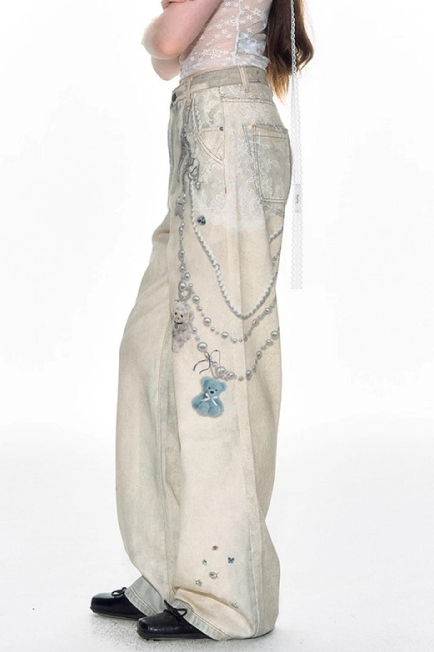 Hand-Painted 3D Printed Womens Wide-Leg Pants