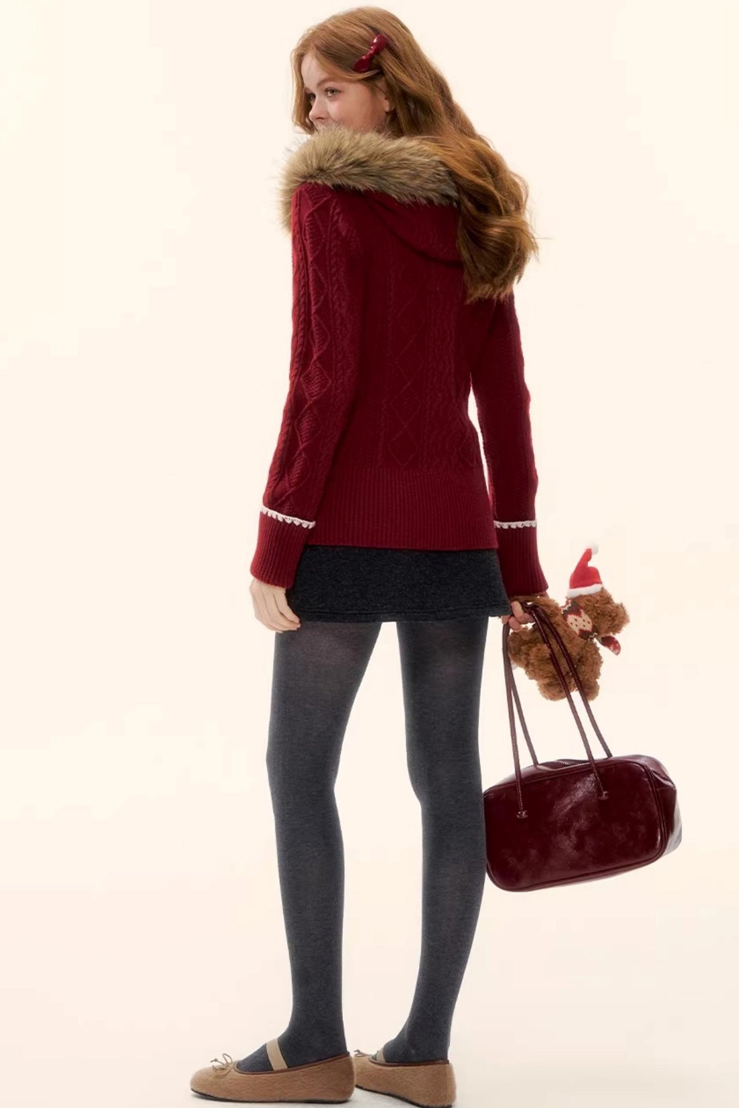 Red Hooded Knit Jacket Set-Up