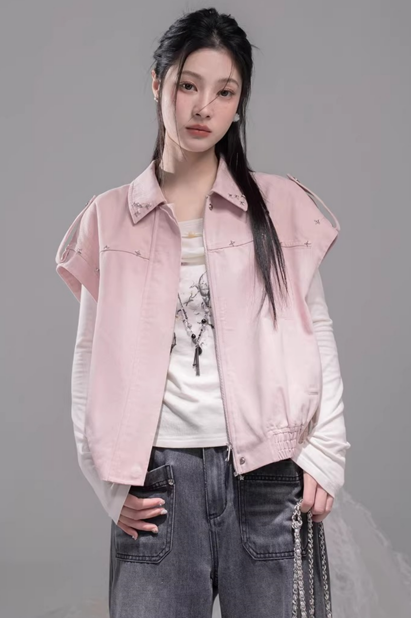 Fog Pink Denim Vest Jacket