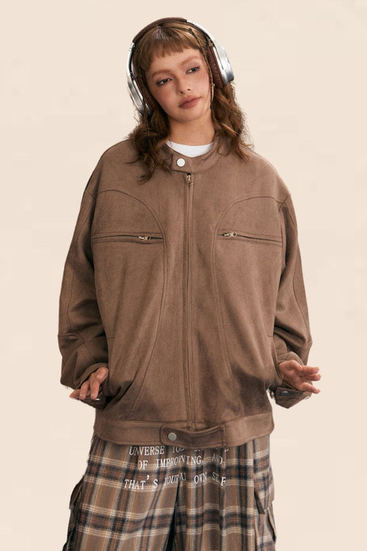 EZEK American Vintage Deer Cargo Jacke Frauen Stand Kragen Reißverschluss lose lässige Baseball Jersey Top Trend