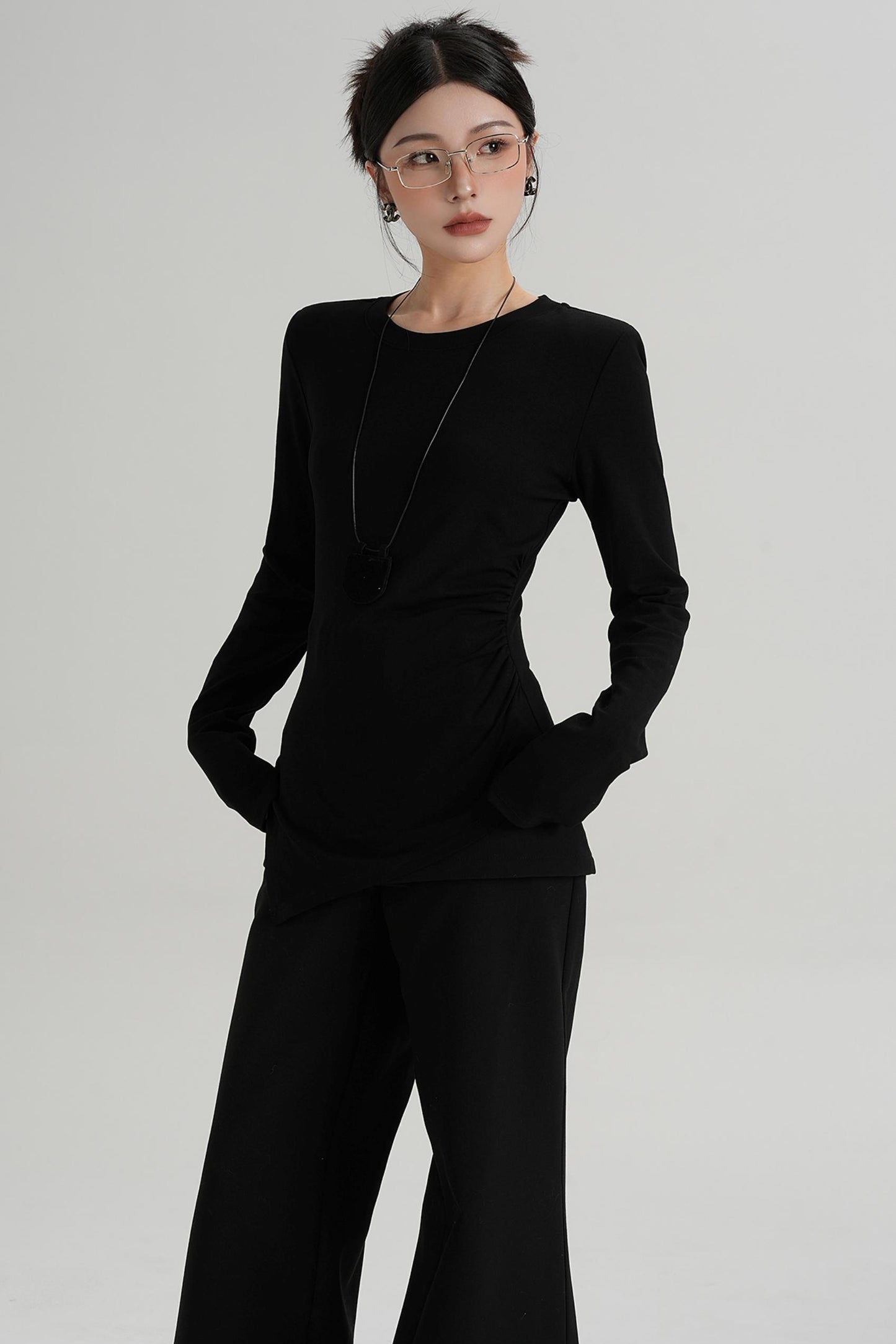 Shoulder Pads Hem Slit Long Sleeve T-shirt